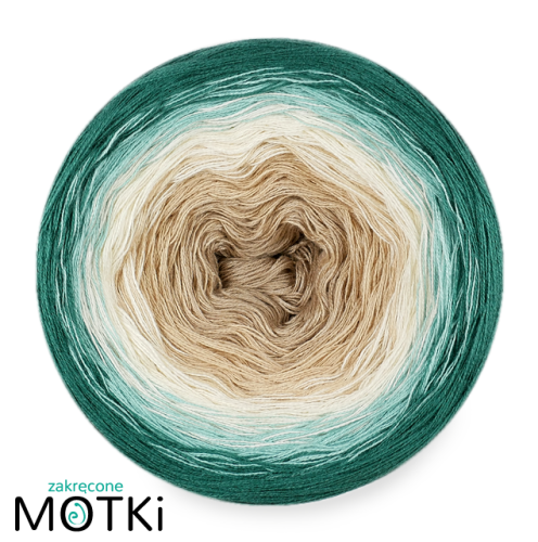 (5)  Włóczka Ombre bawełna/akryl B602: ciemny beż/ ciepły beż/ krem/ patyna/ ciemny szmaragd
