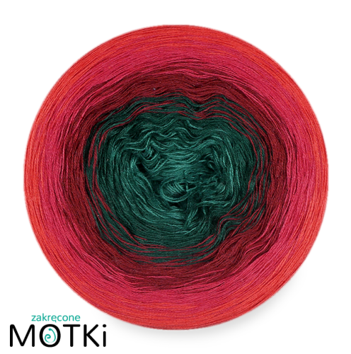 (5)  Włóczka Ombre bawełna/akryl B661: ciemny szmaragd/ butelkowa zieleń/ malaga/ piwonia/ koral