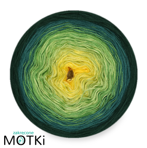 (5) Włóczka Ombre bawełna/akryl B260: słoneczny żółty/ liściasta zieleń/ zieleń/ ciemny szmaragd/ butelkowa zieleń