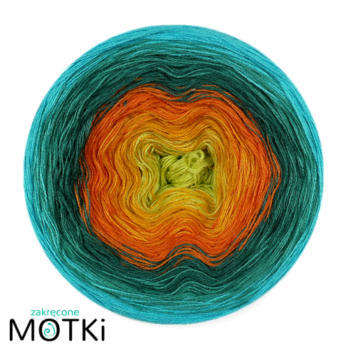 (6) Włóczka Ombre bawełna/akryl B174: limonka/ kurkuma/ koniak/ ciemny szmaragd/ morski/ turkus
