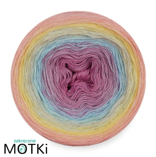 (6)  Włóczka Ombre bawełna/akryl B710a: wrzos/ jasny fiolet/ jasny błękit/ jasna pistacja/ jasny żółty/ jasny róż