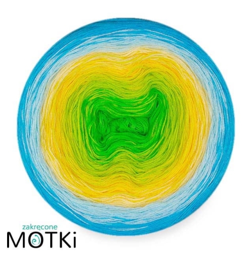 (6)  Włóczka Ombre bawełna/akryl B760: zielone jabłuszko/ neonowa zieleń/ słoneczny żółty/ jasny żółty/ jasny błękit/ cyjan