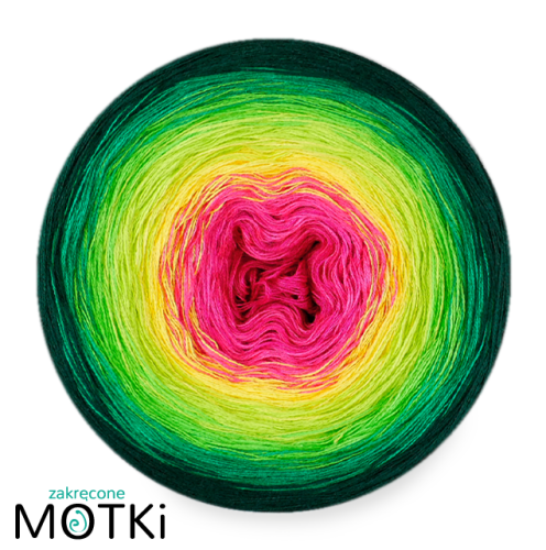 (7) Włóczka Ombre bawełna/akryl B774: fuksja/ jasna fuksja/ słoneczny żółty/ neonowa zieleń/ zielone jabłuszko/ absynt/ butelkowa zieleń