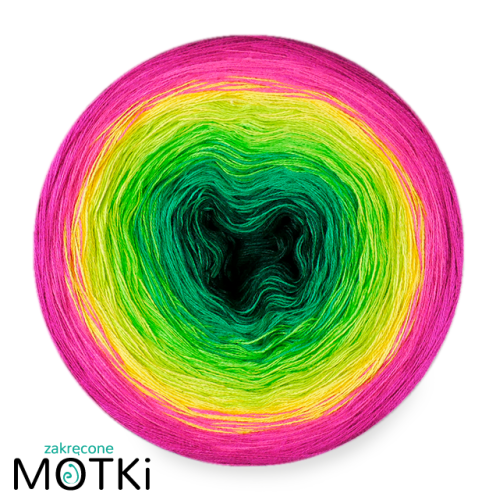 (6) Włóczka Ombre bawełna/akryl B774a: butelkowa zieleń/ absynt/ zielone jabłuszko/ neonowa zieleń/ słoneczny żółty/ jasna fuksja/ fuksja
