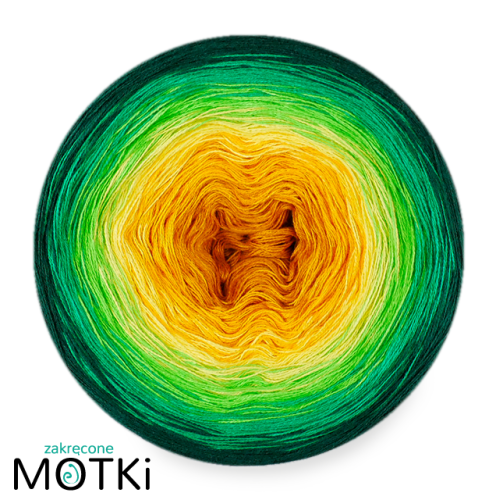 (6) Włóczka Ombre bawełna/akryl B775a: curry/ kurkuma/ słoneczny żółty/ zielone jabłuszko/ absynt/ butelkowa zieleń
