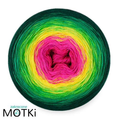 (6) Włóczka Ombre bawełna/akryl B776: fuksja/ jasna fuksja/ słoneczny żółty/ zielone jabłuszko/ absynt/ butelkowa zieleń
