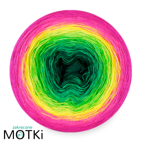 (6) Włóczka Ombre bawełna/akryl B776a: butelkowa zieleń/ absynt/ zielone jabłuszko/ słoneczny żółty/ jasna fuksja/ fuksja