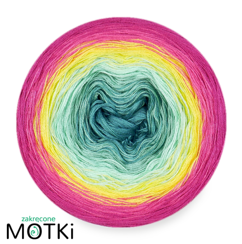 (6) Włóczka Ombre bawełna/akryl B362: jasny petrol/ patyna/ pistacja/ słoneczny żółty/ jasna fuksja/ fuksja