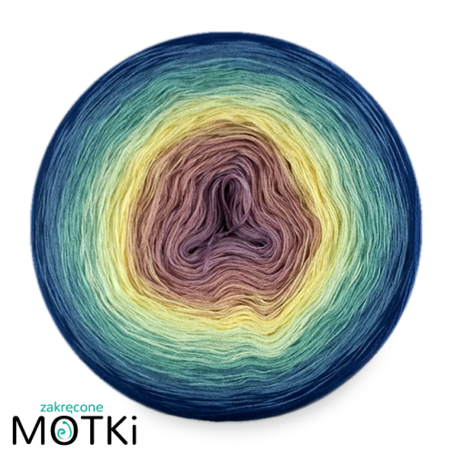 (7) Włóczka Ombre bawełna/akryl B139: jasny fiolet/ lila/ jasny żółty/ jasna pistacja/ patyna/ niebieski/ ciemny niebieski