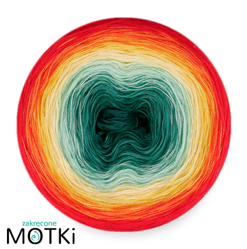 (7) Włóczka Ombre bawełna/akryl B823: ciemny szmaragd/ morski/ pistacja/ jasny żółty/ intensywny żółty/ mango/ intensywna czerwień