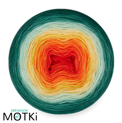 (7) Włóczka Ombre bawełna/akryl B823a: intensywna czerwień/ mango/ intensywny żółty/ jasny żółty/ pistacja/ morski/ ciemny szmaragd