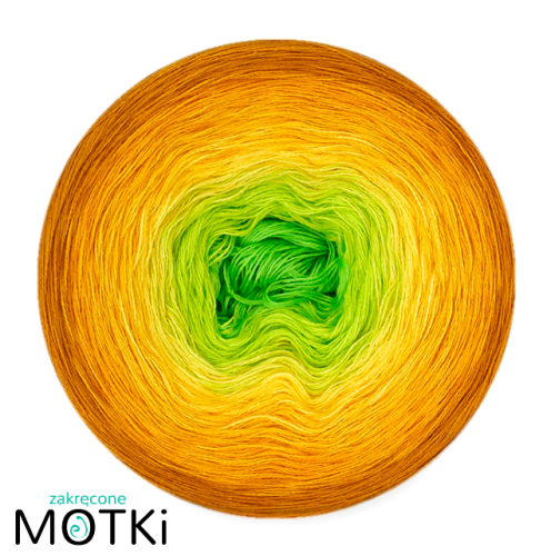 (6)  Włóczka Ombre bawełna/akryl B836: zielone jabłuszko/ neonowa zieleń/ słoneczny żółty/ żółty/ kurkuma/ curry