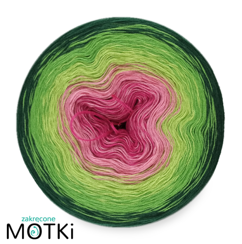 (5) Włóczka Ombre bawełna/akryl B121: fuksja/ róż/ liściasta zieleń/ zieleń/ butelkowa zieleń