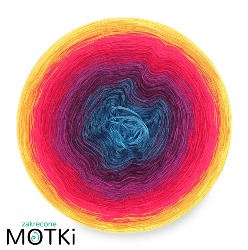 (8) Motek Ombre bawełna/akryl 8k16a: jasny petrol/ petrol/ ciemna jeżyna/ jeżyna/ czerwień/ intensywna czerwień/ mandarynka/ żółty