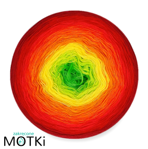 (8) Motek Ombre bawełna/akryl OK4: zielone jabłuszko/ neonowa zieleń/ słoneczny żółty/ mandarynka/ pomarańcz/ intensywna czerwień/ czerwień/ burgund
