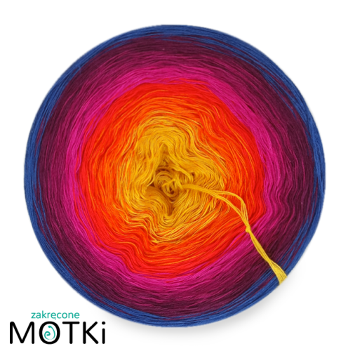 (8) Włóczka Ombre bawełna/akryl Słoneczny patrol: żółty/ kurkuma/ pomarańcz/ intensywna czerwień/ fuksja/ jeżyna/ ciemna jeżyna/ ciemny niebieski