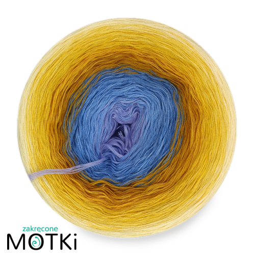 (8) Włóczka Ombre bawełna/akryl Polne kwiaty: krokus/ błękit/ jeans/ curry/ kurkuma/ żółty/ intensywny żółty/ jasny żółty