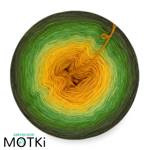 (8) Włóczka Ombre bawełna/akryl Palm Beach: curry/ kurkuma/ żółty/ liściasta zieleń/ zielony/ paproć/ jasna wojskowa zieleń/ wojskowa zieleń