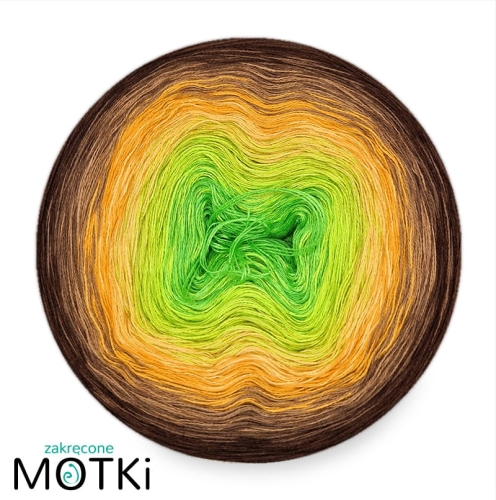 (8) Włóczka ombre bawełna/akryl Leśny poranek: zielone jabłuszko/ neonowa zieleń/ kiwi/ intensywny żółty/ kurkuma/ ciepły brąz/ orzech/ brąz