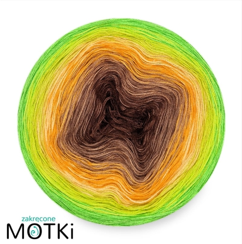 (8) Włóczka ombre bawełna/akryl Leśny poranek: brąz/ orzech/ ciepły brąz/ kurkuma/ intensywny żółty/ kiwi/ neonowa zieleń/ zielone jabłuszko