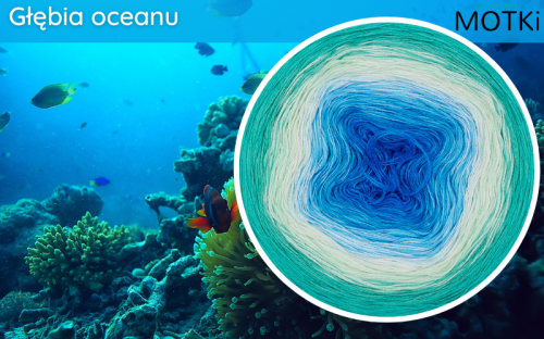 (8) Motek Ombre bawełna/akryl Głębia oceanu: lazur/ jasny lazur / cyjan/ jasny błękit / jasna pistacja/ pistacja/ opal/ grynszpan