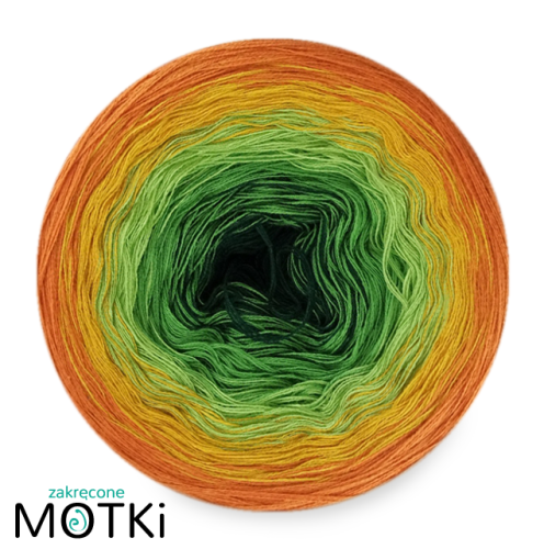 (5) Włóczka Ombre bawełna/akryl B98: butelkowa zieleń/ zieleń/ liściasta zieleń/ kurkuma/ koniak