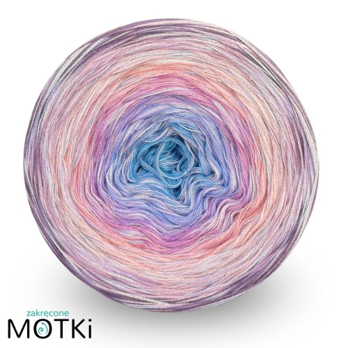 (9) Wanted druty 6 nitek włóczka ombre cyjan/ błękit/ krokus/ wrzos/ róż/ łososiowy róż/ pąsowy/ lila/ budny fiolet + 3 nitki bawełna 100% brzoskwinia/ jasny niebieski/ jasny fiolet