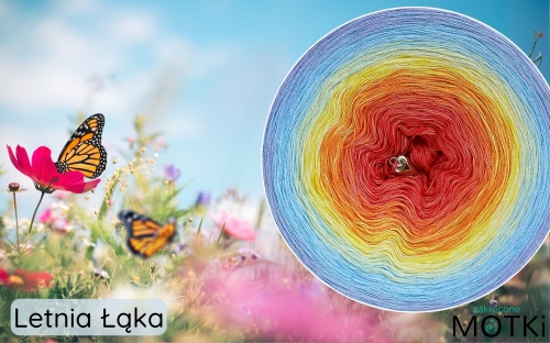 (8) Motek Ombre bawełna/akryl Letnia Łąka: koral/ jasny koral/ mango/ słoneczny żółty/ jasny żółty/ jasny błękit/ baby blue/ krokus