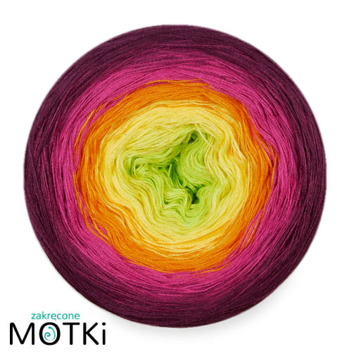 (6) Włóczka Ombre bawełna/akryl B541: kiwi/ słoneczny żółty/ mandarynka/ fuksja/ jeżyna/ ciemna jeżyna