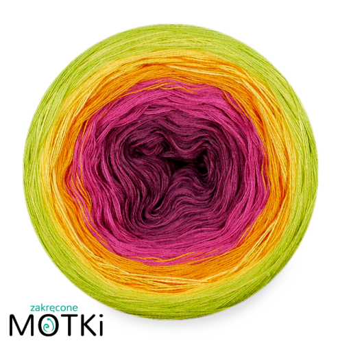 (6) Włóczka Ombre bawełna/akryl B541a: ciemna jeżyna/ jeżyna/ fuksja/ mandarynka/ słoneczny żółty/ kiwi