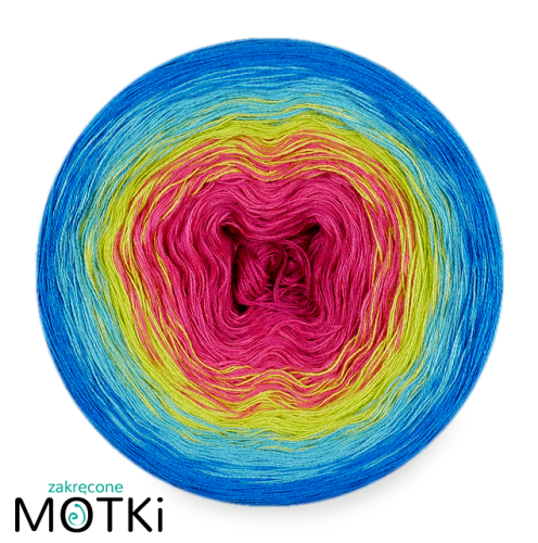(5) Włóczka Ombre bawełna/akryl B553a: fuksja/ jasna fuksja/ kiwi/ cyjan/ lazur